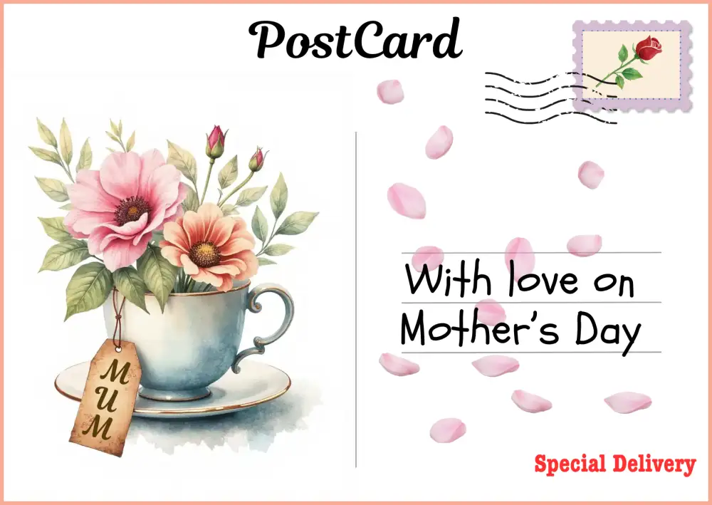 Mothers Day Roses in Teacup - free postcard